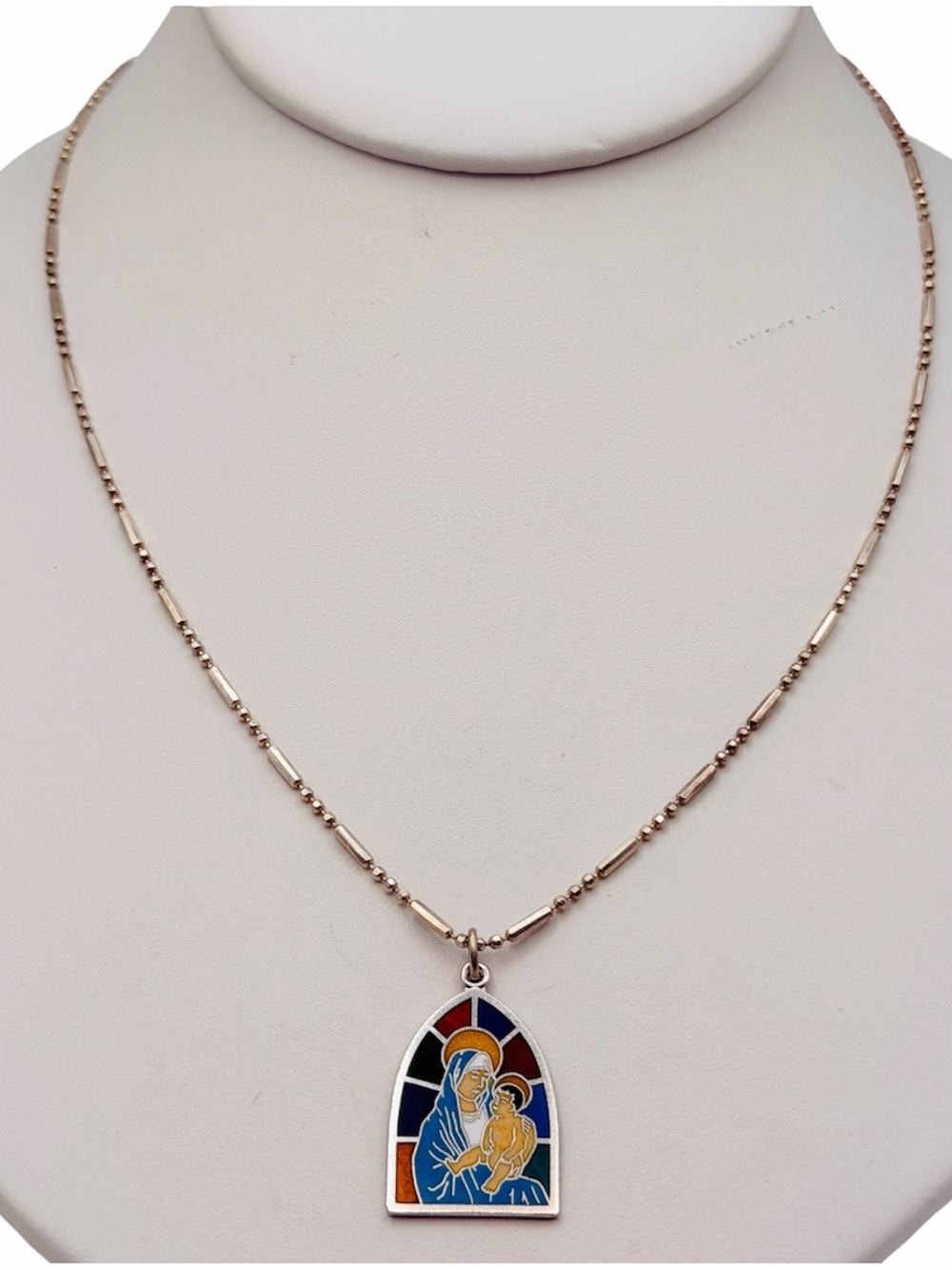 VTG Sterling Silver Madonna & Child Enamel Stained Glass Pendant 21” necklace
